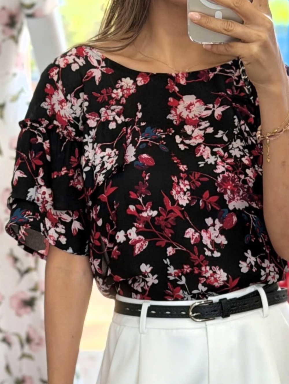 Xhilaration Black Floral Ruffle Blouse